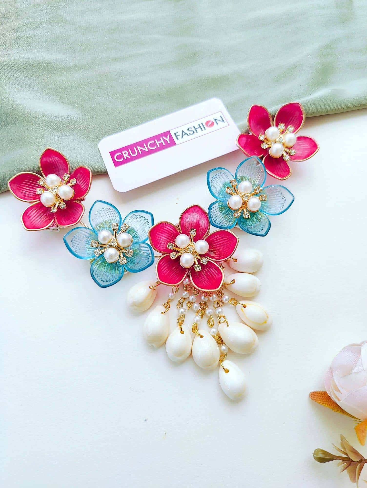 Stylish Senior Floral Finesse: Pink-Orange-Sky Blue Handmade Jewelry