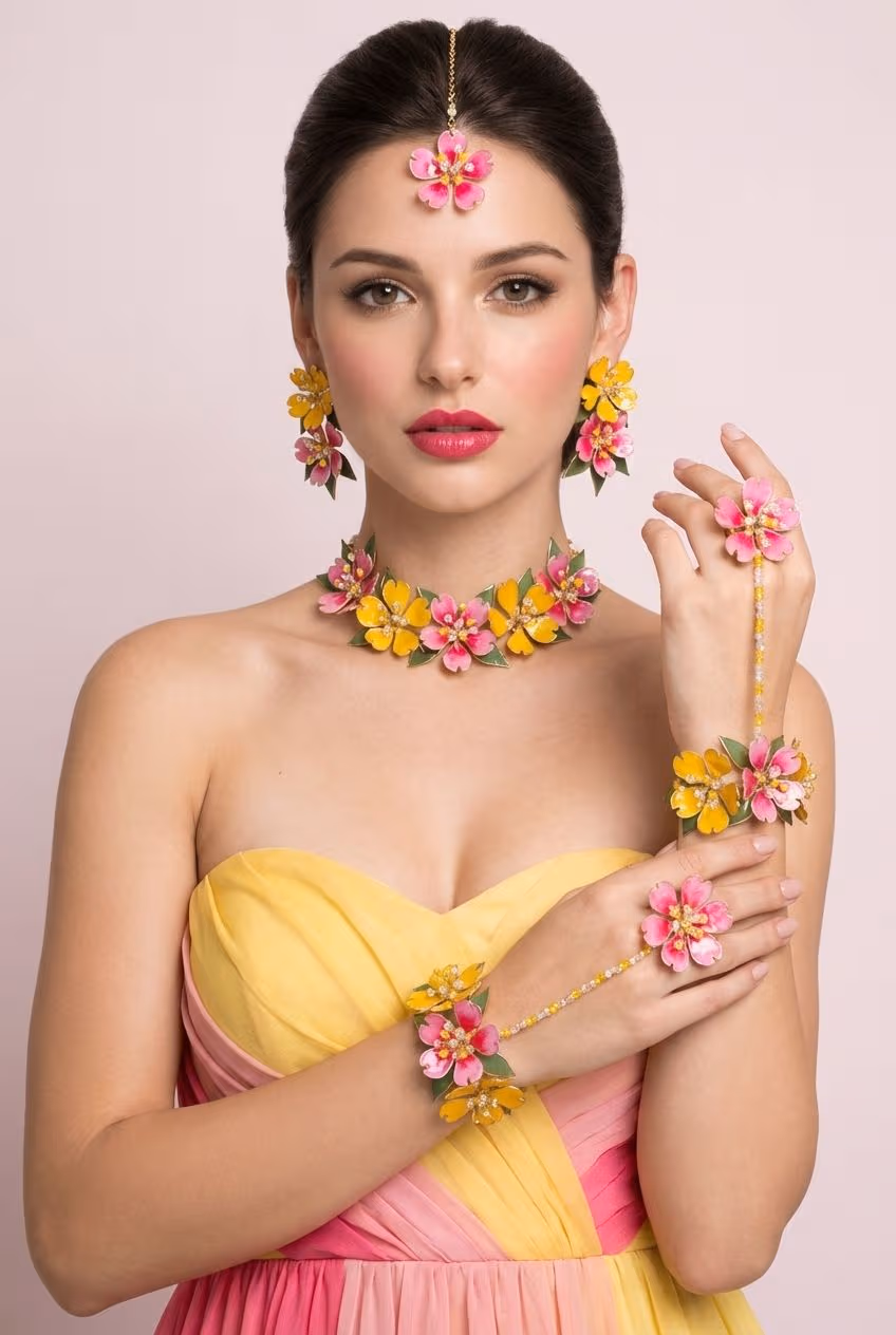 Yellow-Pink Resin Bridal Set for Haldi & Mehndi